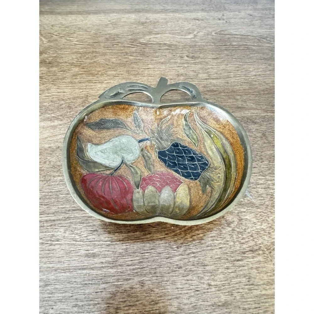 Vintage Solid Brass Enameled Fruits Apple Shape Trinket Tray Small